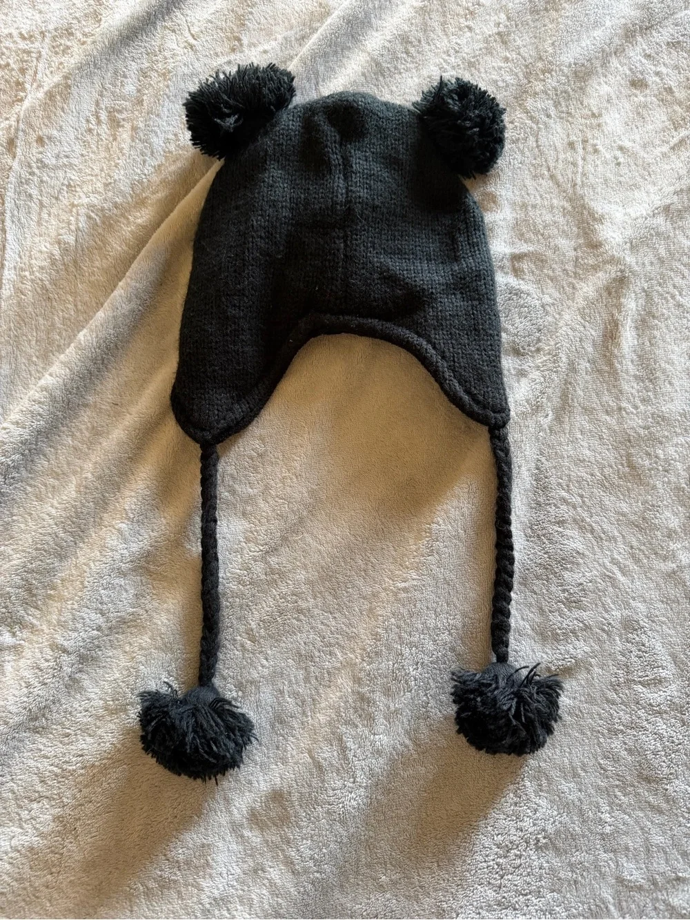 Penguin Character Black Fleece Lined Pom Pom Earflap Winter Hat One Size